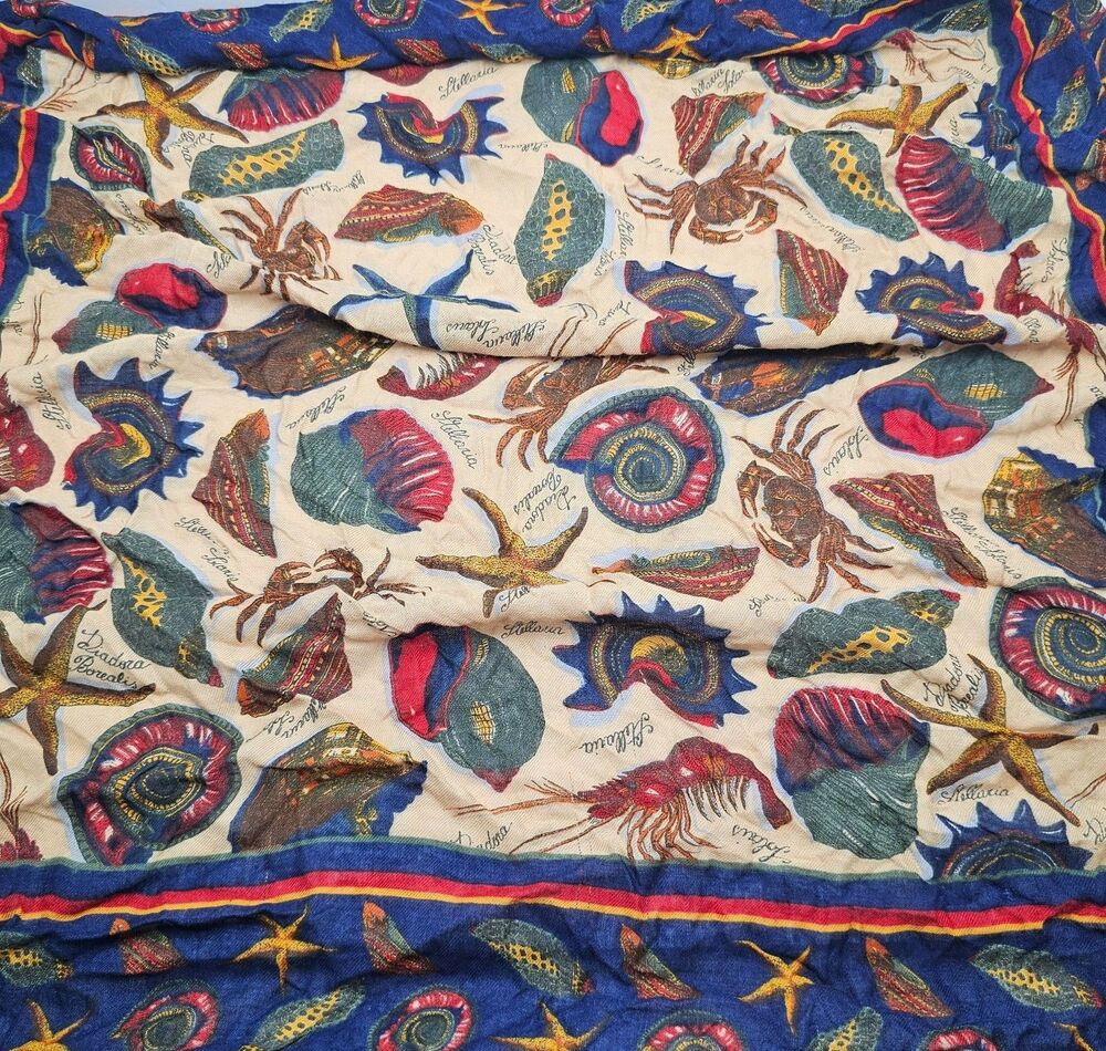 VTG Nautical Sea Shell Scarf Starfish Crab Rayon Made In Italy Beach Square 30"